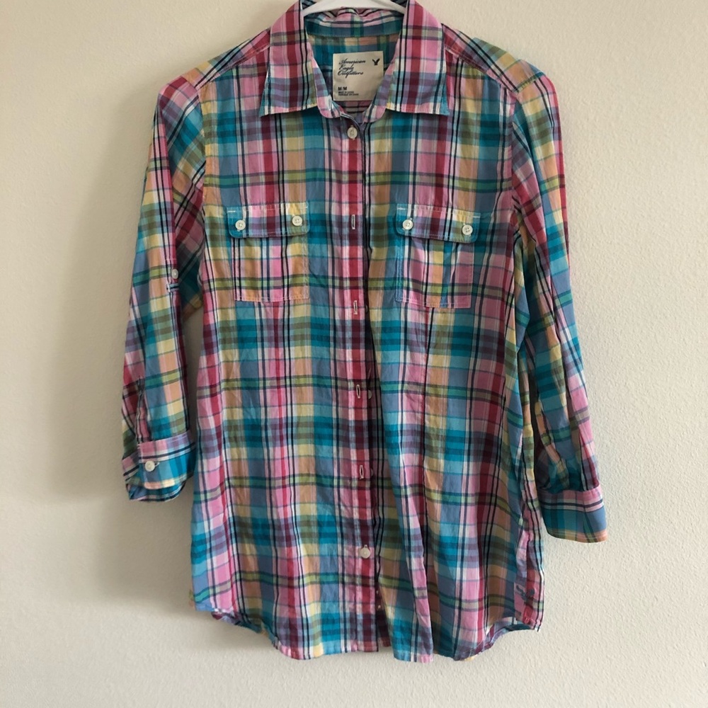 American eagle plaid button up 3/4 sleeve